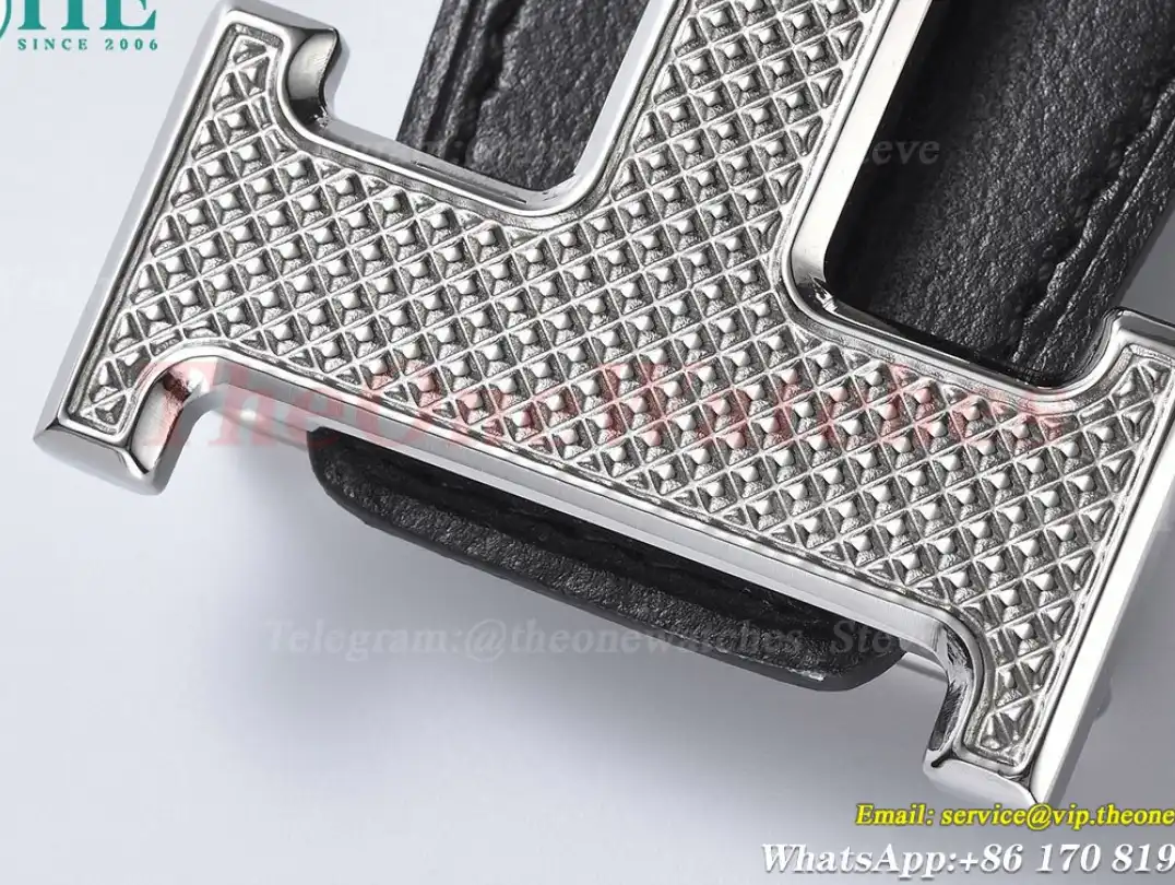 Silver Hermes SS Buckle on Black Black Leather Belt 3.8cm