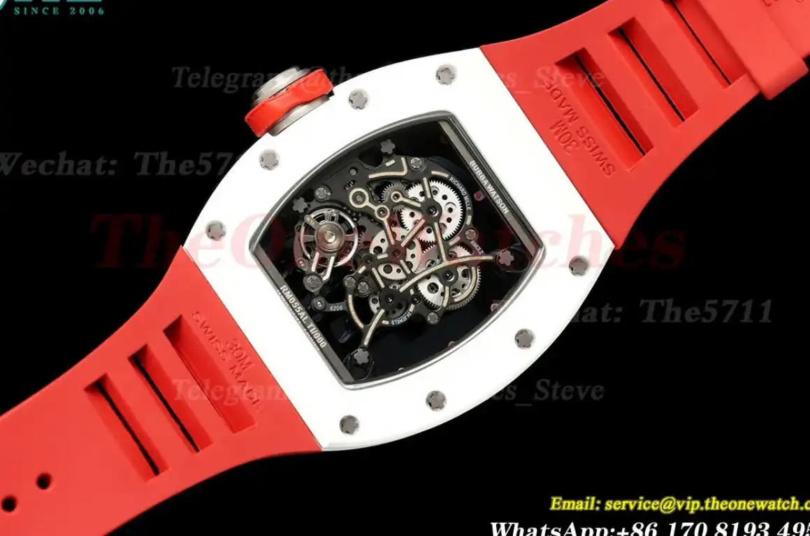 RM055 White Ceramic Red Skeleton Dial On Red Rubber Strap T+F RMUL2