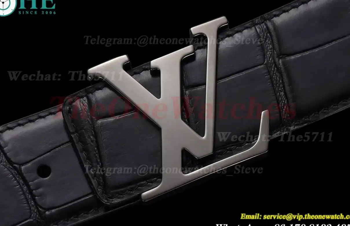 Bright Grey LV Brass Buckle on Black Leather Belt 4.0cm