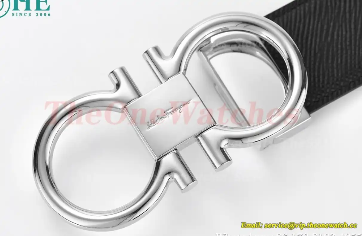 Silver Brass Buckle on Black Blue Leather Belt 3.5cm