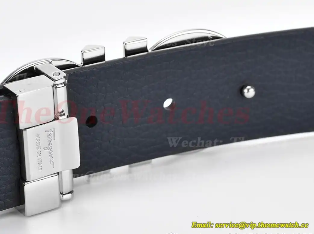 Silver Brass Buckle on Black Blue Leather Belt 3.5cm