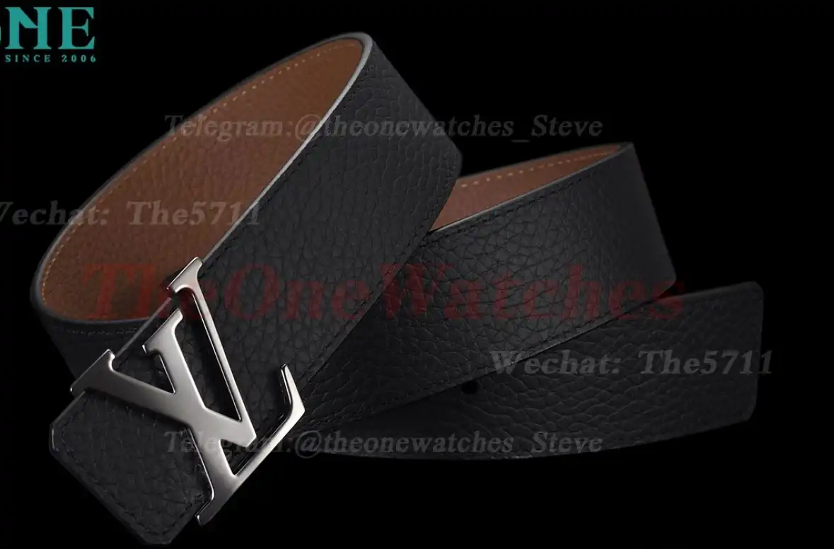 Bright Grey LV Brass Buckle on Black Leather Belt 4.0cm