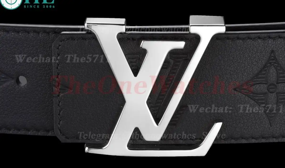 Silver LV Brass Buckle on Black Leather Belt 4.0cm