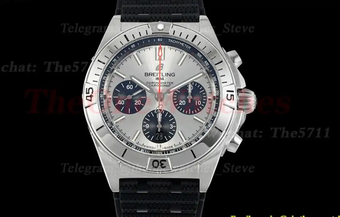 Chronomat B01 42MM Silver Dial on Rouleaux Rubber Strap TF A7750