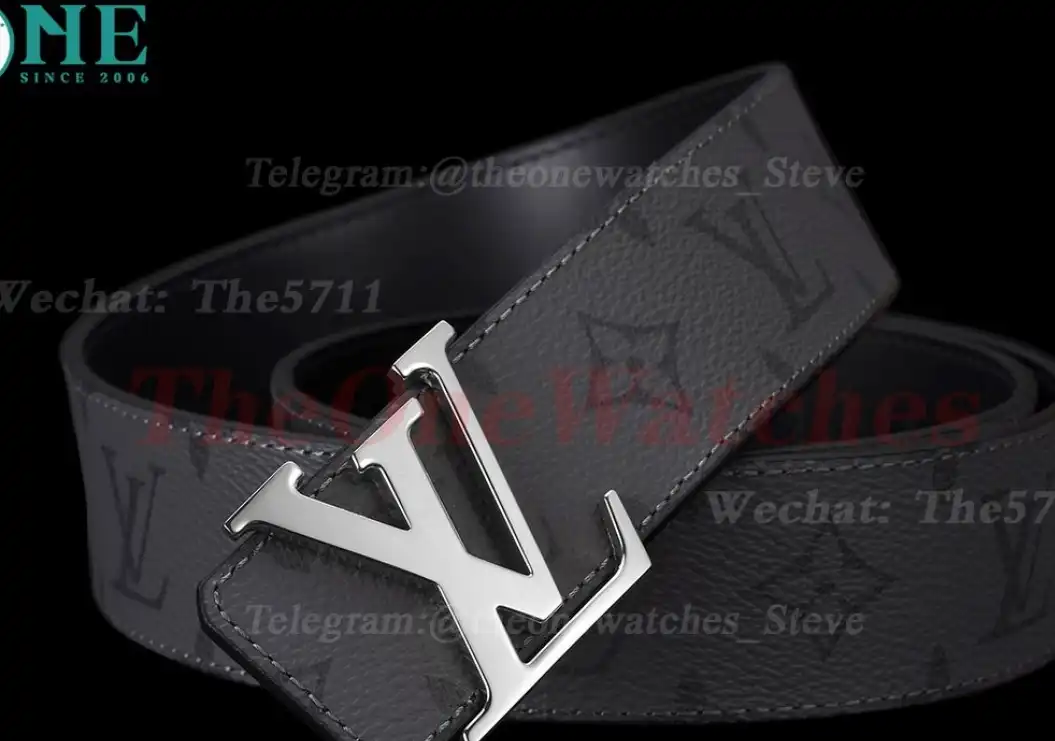 Silver LV Brass Buckle on Grey Leather Belt 4.0cm