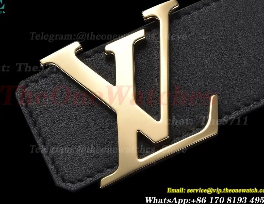 Yellow Gold LV Brass Buckle on Black Leather Belt 4.0cm