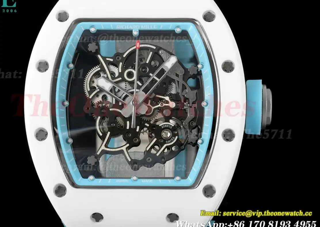 RM055 White Ceramic Blue Skeleton Dial On Blue Rubber Strap T+F RMUL2