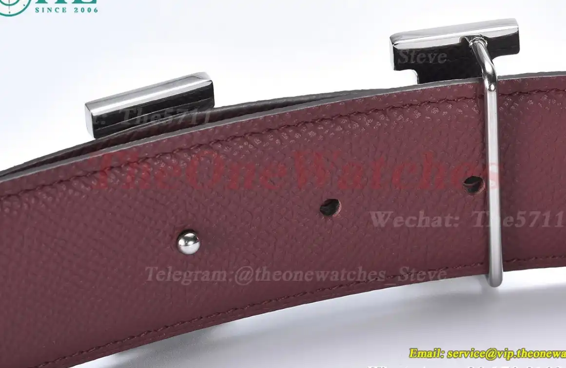 Silver Hermes SS Buckle on Red Black Leather Belt 3.8cm