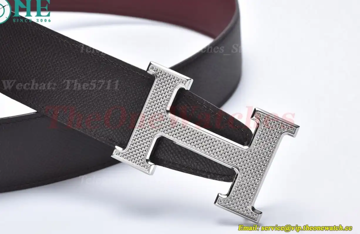 Silver Hermes SS Buckle on Red Black Leather Belt 3.8cm