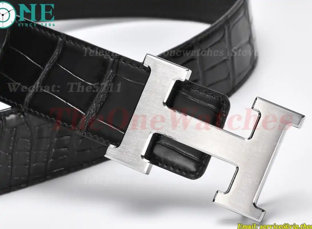 Silver Hermes SS Buckle on Black Black Leather Belt 3.8cm