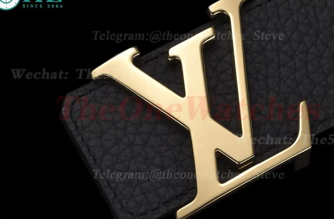 Yellow Gold LV Brass Buckle on Black Leather Belt 4.0cm