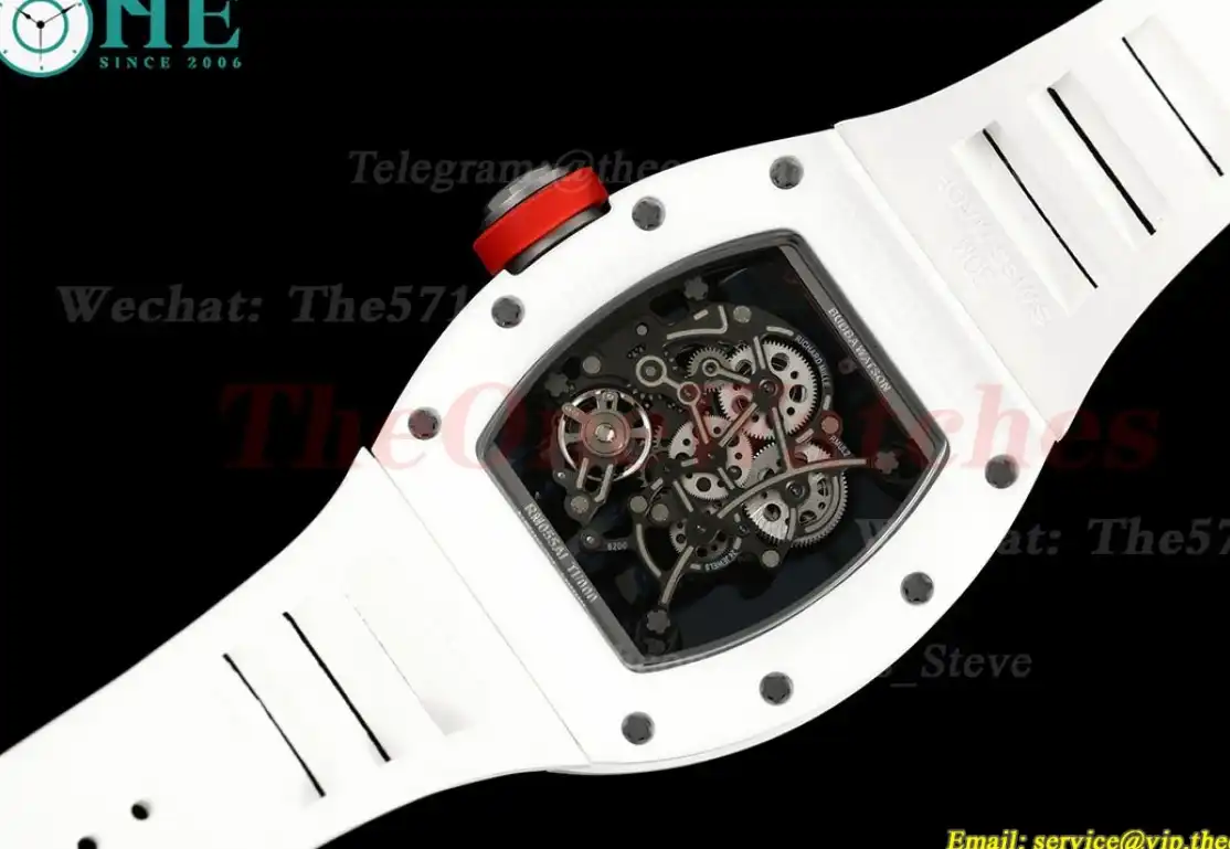 RM055 White Ceramic Red Skeleton Dial On White Rubber Strap T+F RMUL2