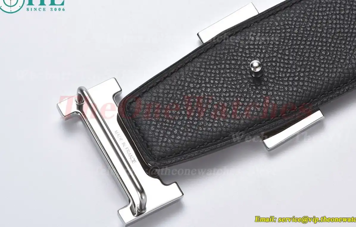 Silver Hermes SS Buckle on Apricot Black Leather Belt 3.8cm