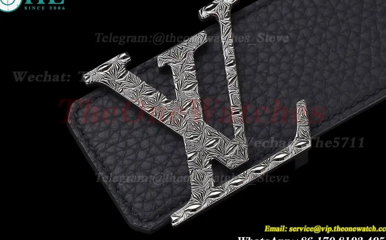 Engraved LV Brass Buckle on Black Leather Belt 4.0cm