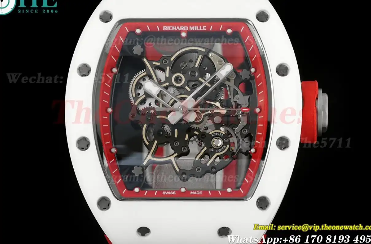 RM055 White Ceramic Red Skeleton Dial On Red Rubber Strap T+F RMUL2