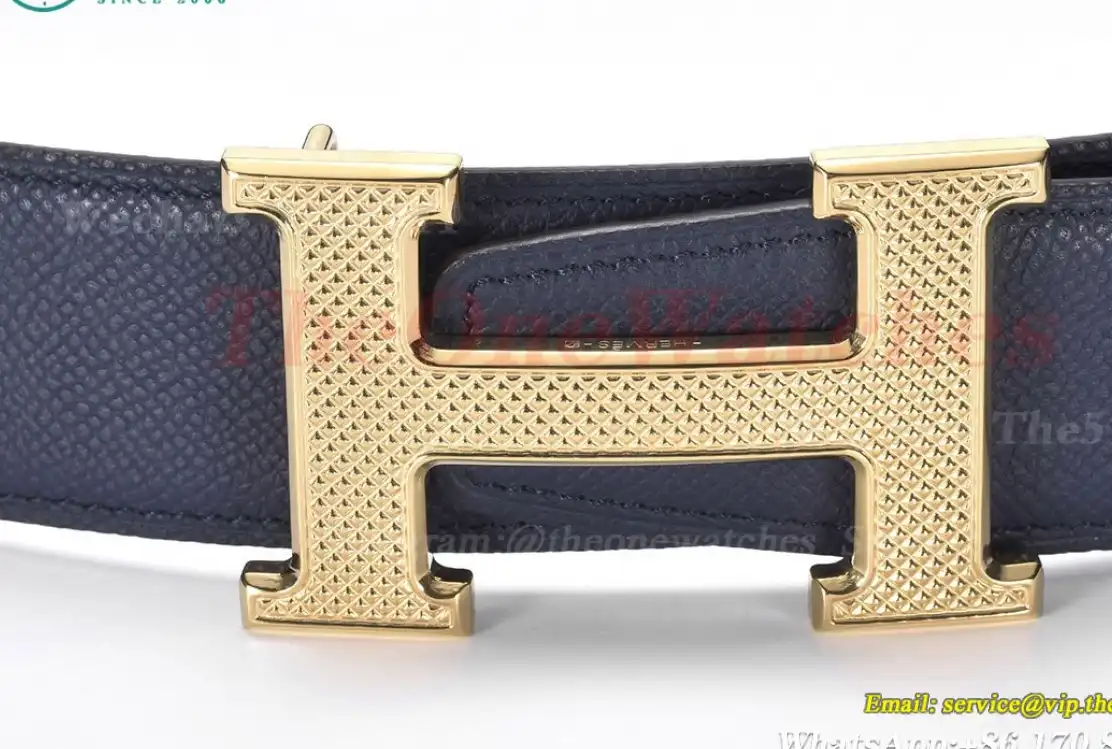 YG Hermes SS Buckle on Blue Black Leather Belt 3.8cm