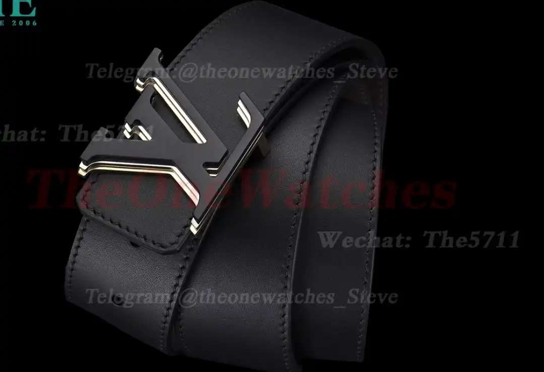 Triple LV Brass Buckle on Black Leather Belt 4.0cm