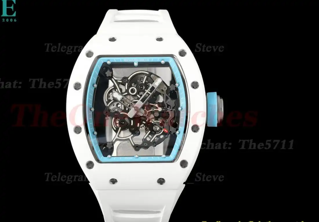 RM055 White Ceramic Blue Skeleton Dial On White Rubber Strap T+F RMUL2