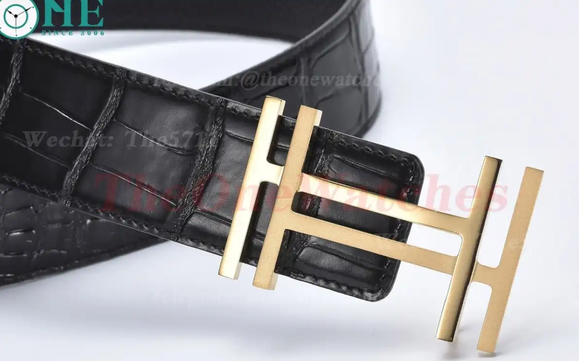 YG Hermes SS Buckle on Black Black Leather Belt 3.8cm