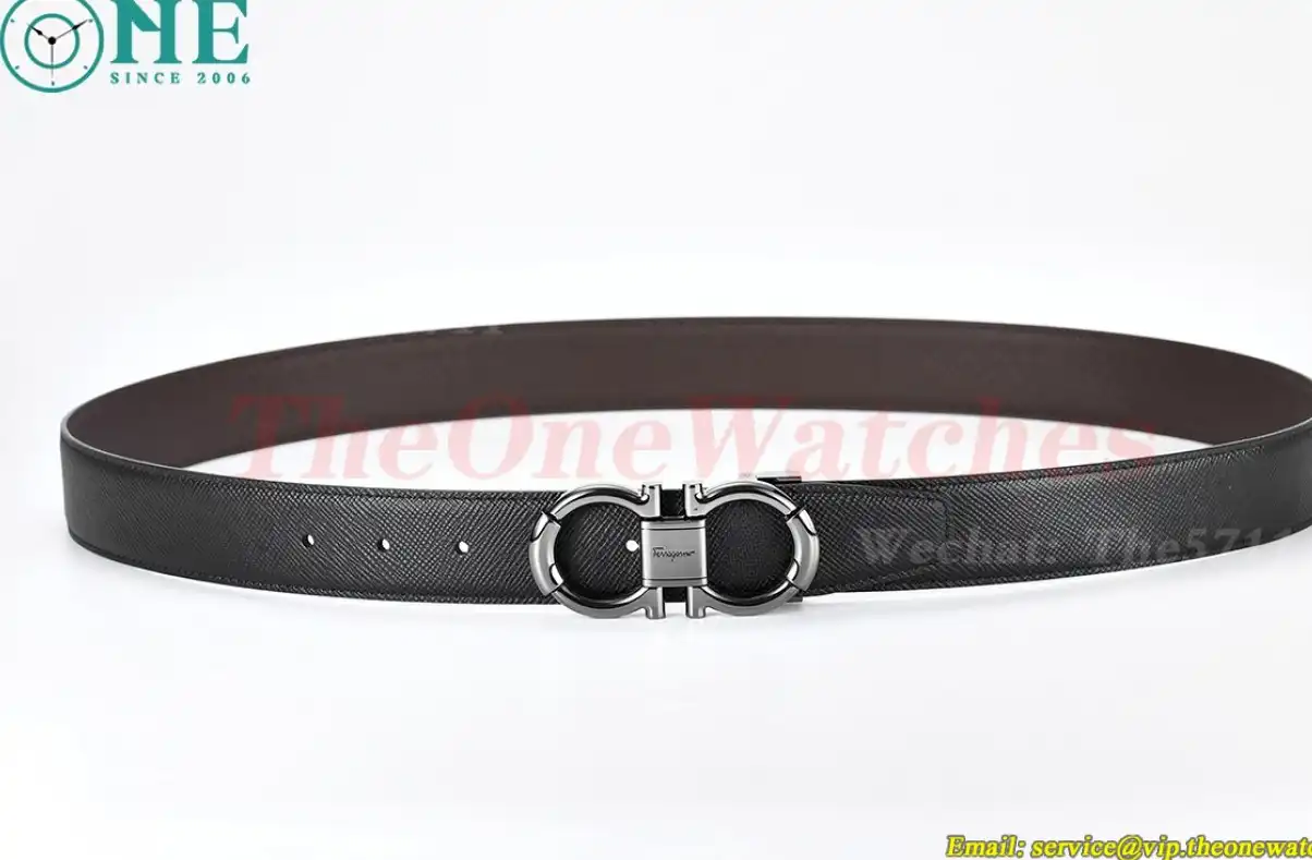 Bright Grey Brass Buckle on Black Brownish Leather Belt 3.5cm