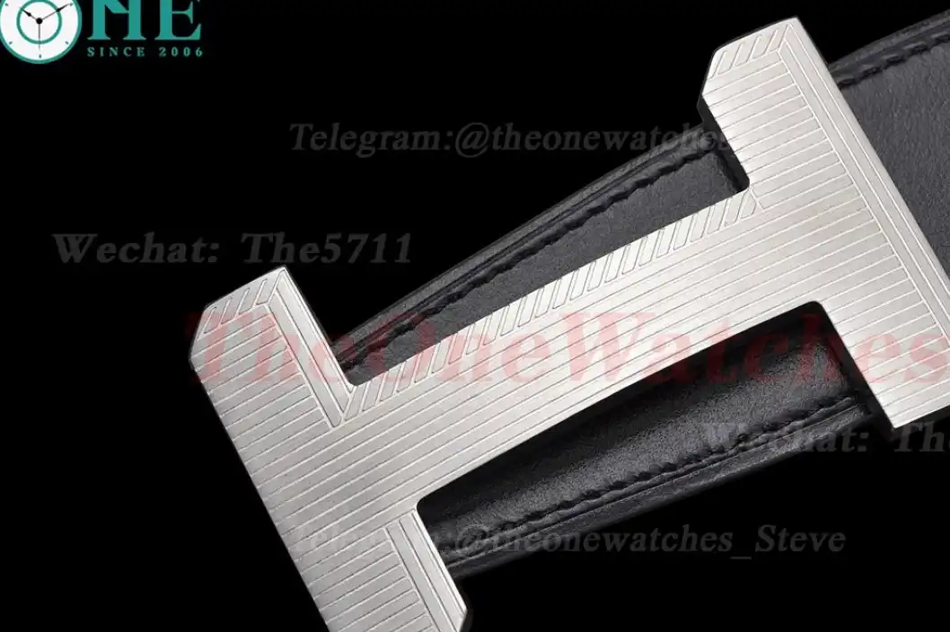 Silver Hermes SS Buckle on Black Leather Belt 3.8cm