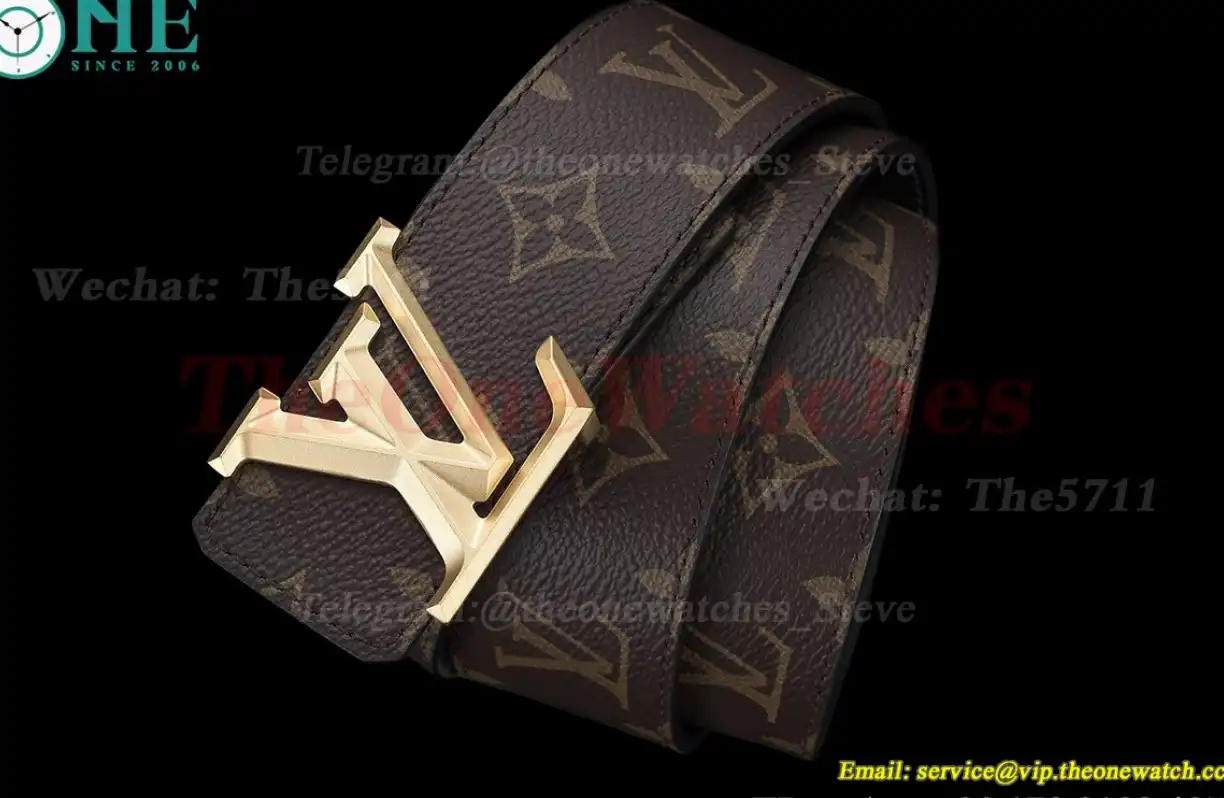 Yellow Gold LV Brass Buckle on Brown Leather Belt 4.0cm