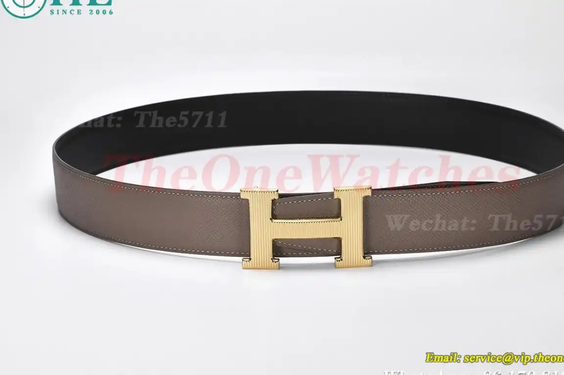 YG Hermes SS Buckle on Apricot Black Leather Belt 3.8cm