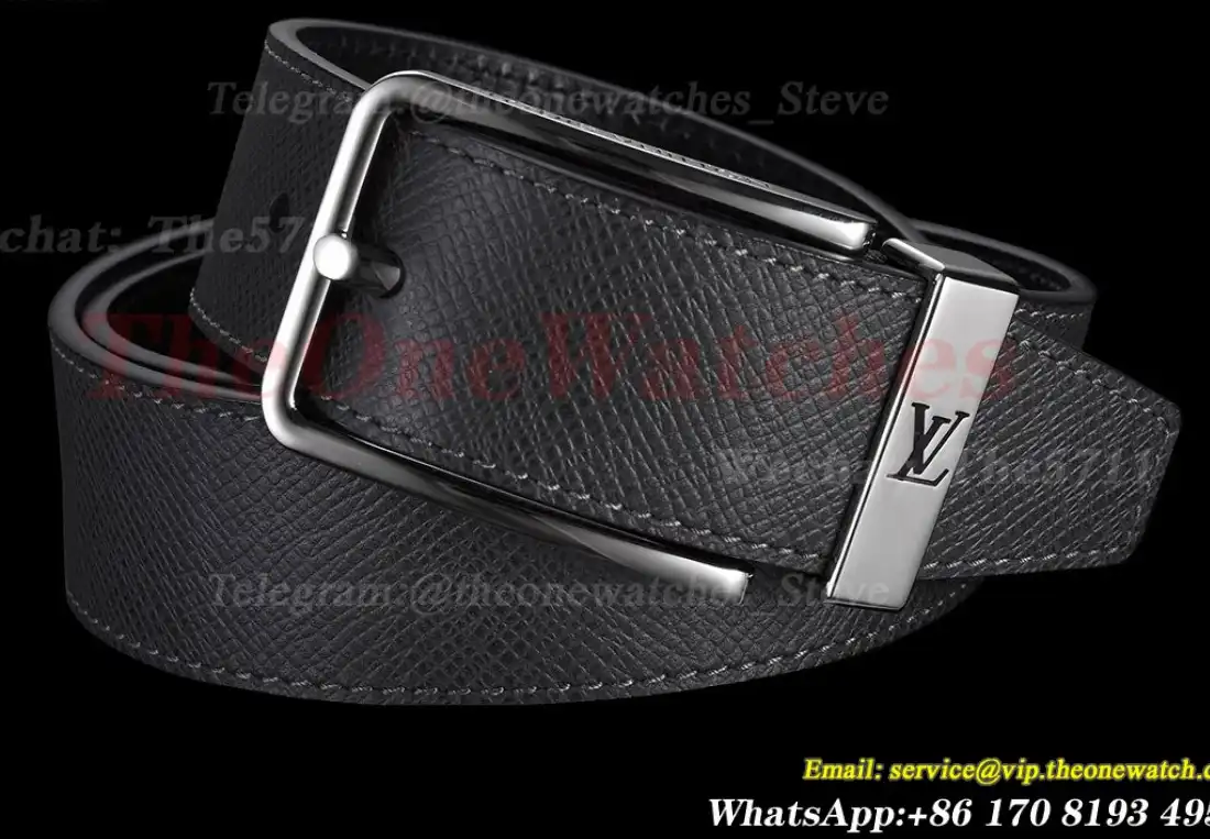 Silver LV SS Buckle on Black Leather Belt 3.5cm