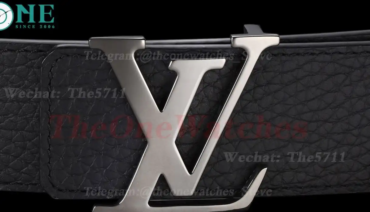 Bright Grey LV Brass Buckle on Black Leather Belt 4.0cm