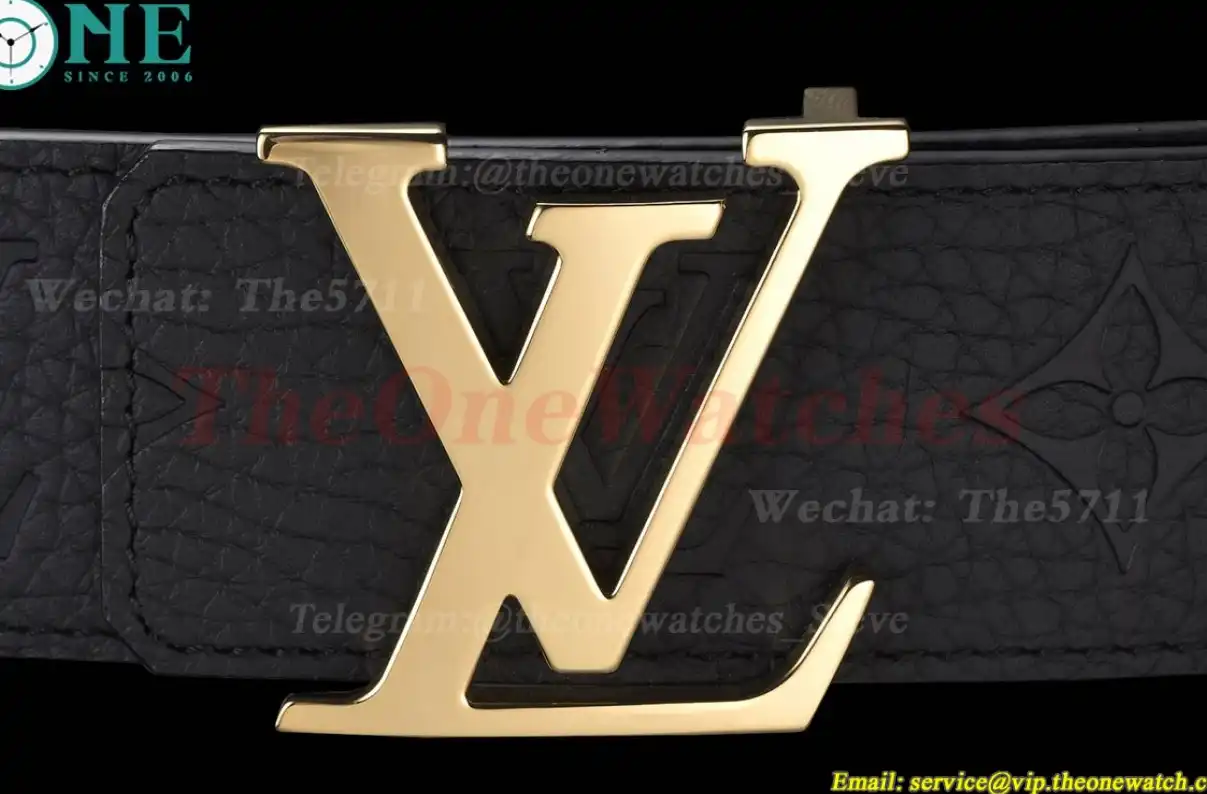 Yellow Gold LV Brass Buckle on Black Leather Belt 4.0cm