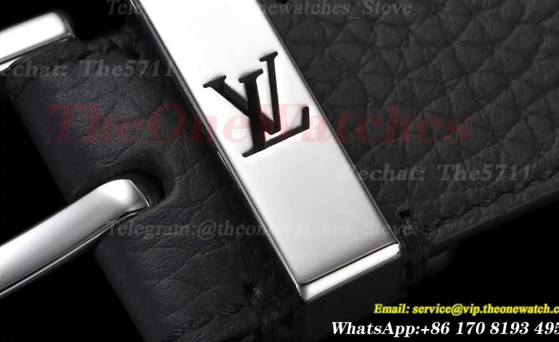 Silver LV SS Buckle on Black Leather Belt 3.5cm