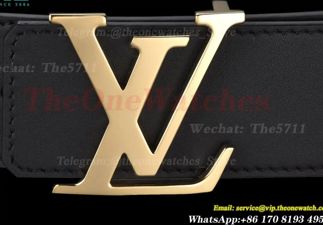 Yellow Gold LV Brass Buckle on Black Leather Belt 4.0cm