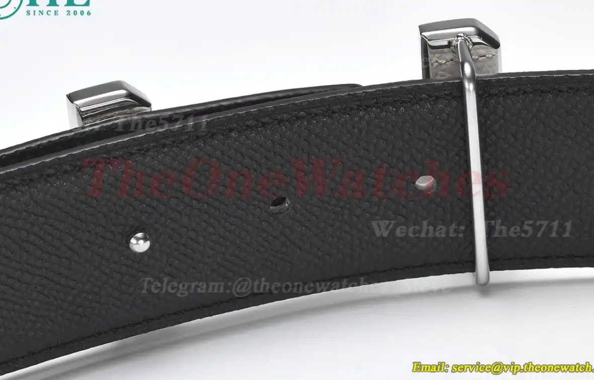 Silver Hermes SS Buckle on White Black Leather Belt 3.8cm