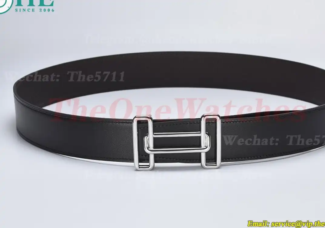 Silver Hermes SS Buckle on Black Leather Belt 3.8cm