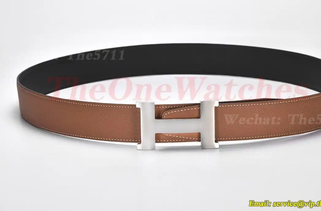 Silver Hermes SS Buckle on Brown Black Leather Belt 3.8cm