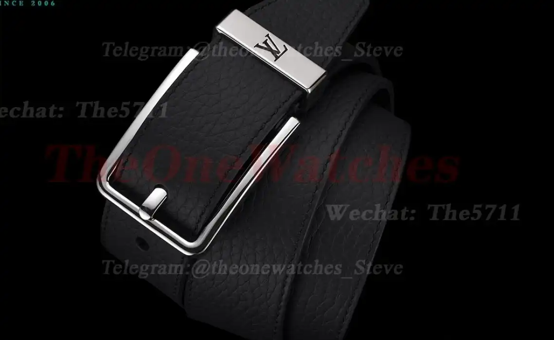 Silver LV SS Buckle on Black Leather Belt 3.5cm