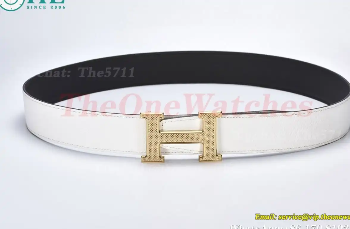 YG Hermes SS Buckle on White Black Leather Belt 3.8cm