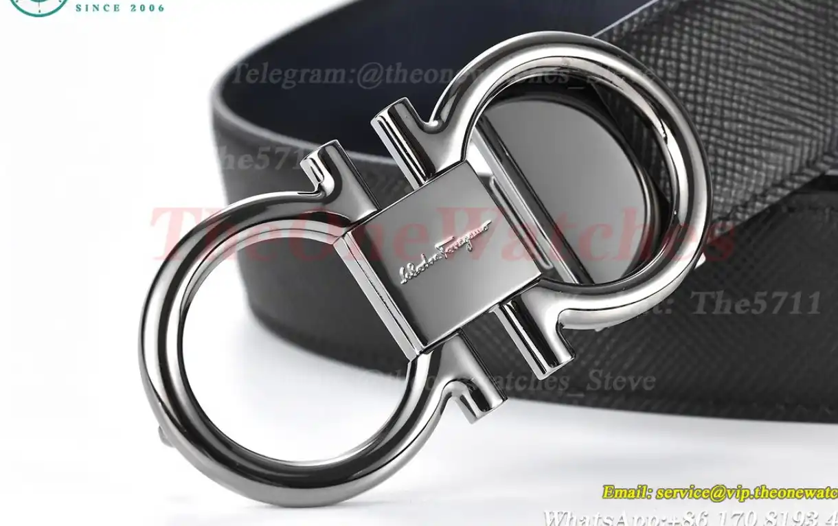 Bright Grey Brass Buckle on Black Blue Leather Belt 3.5cm