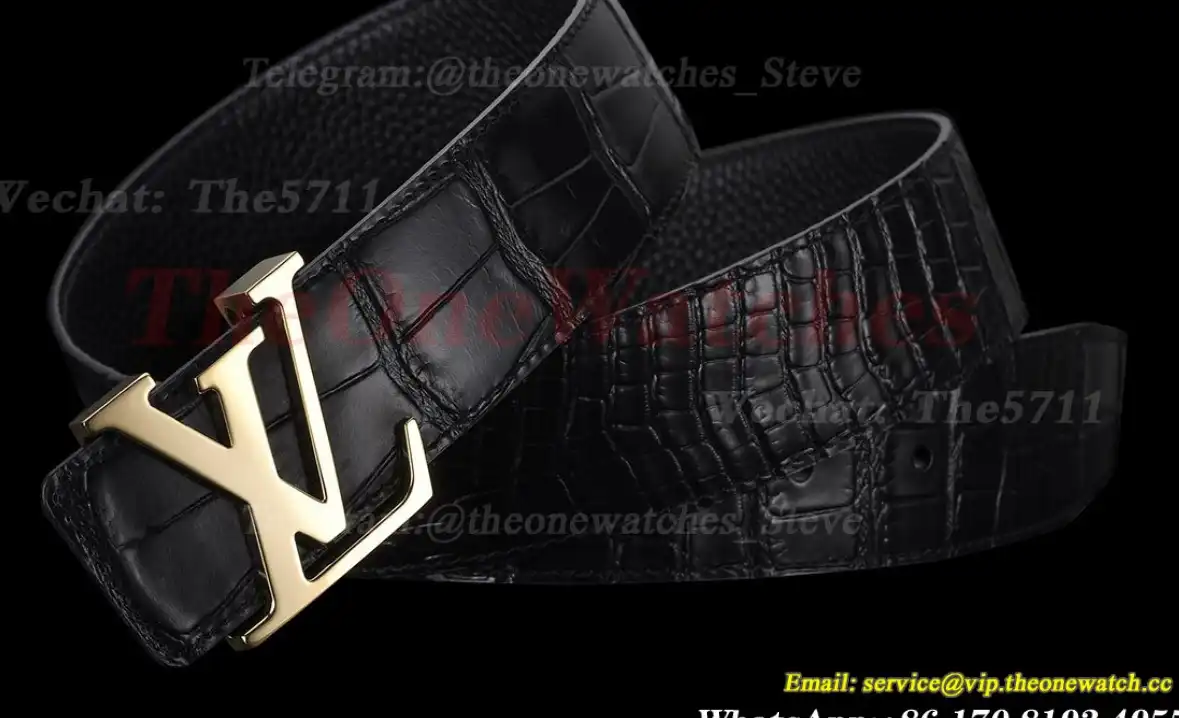 Yellow Gold LV Brass Buckle on Black Leather Belt 4.0cm