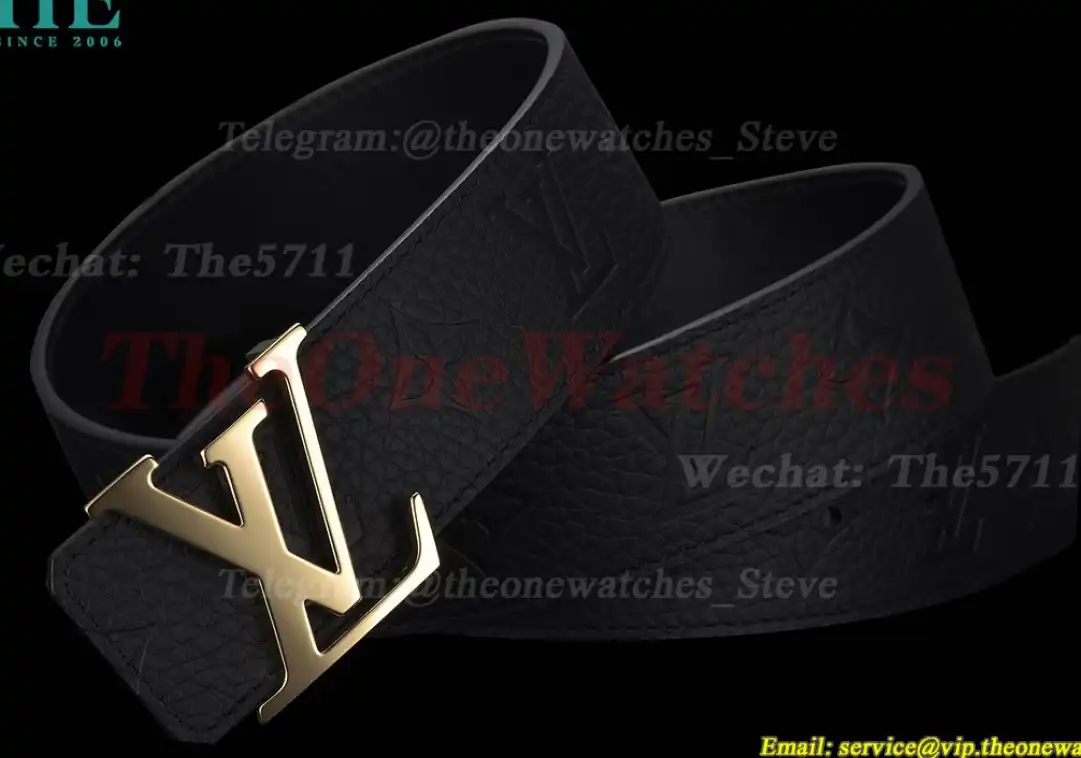 Yellow Gold LV Brass Buckle on Black Leather Belt 4.0cm