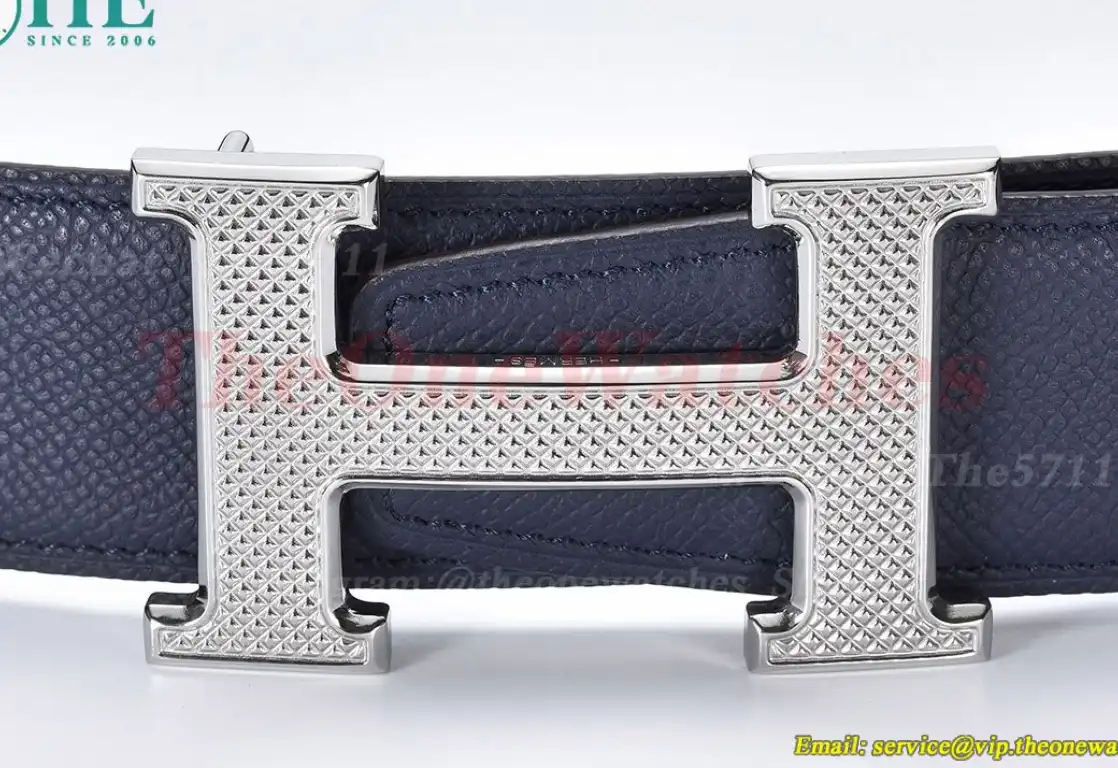 YG Hermes SS Buckle on Blue Black Leather Belt 3.8cm