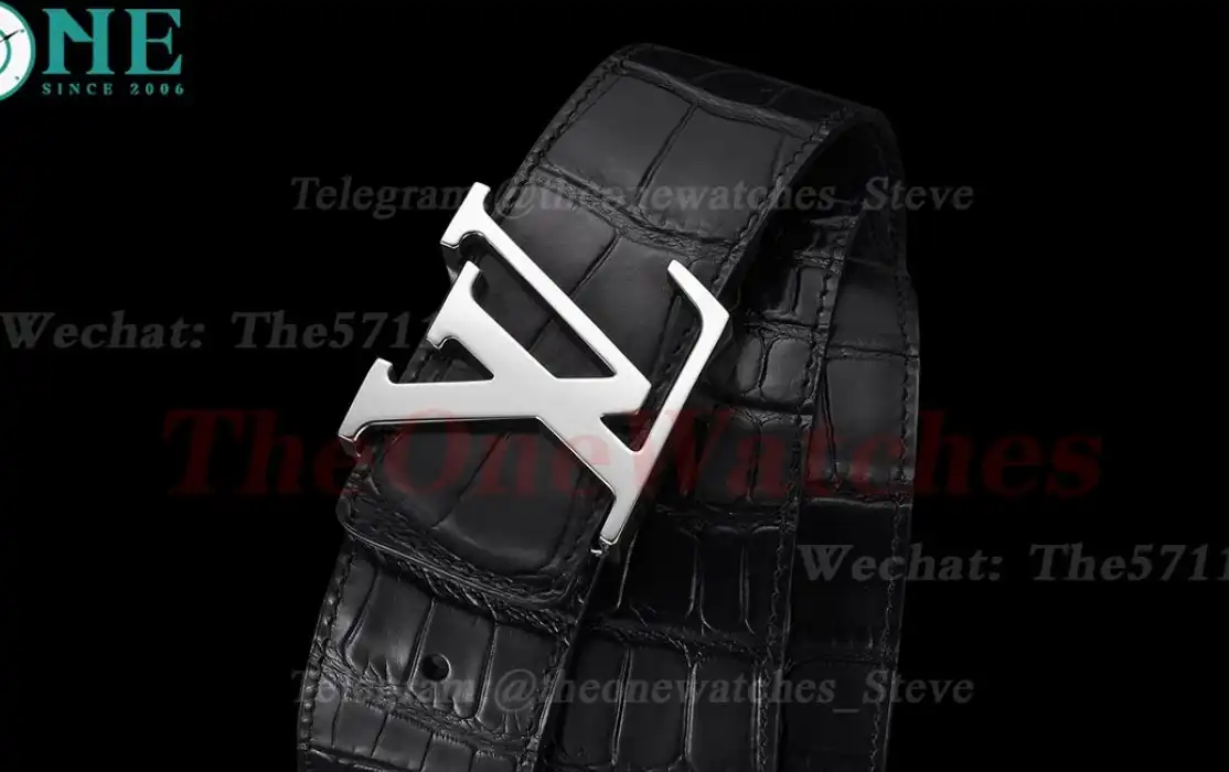 Silver LV Brass Buckle on Black Leather Belt 4.0cm