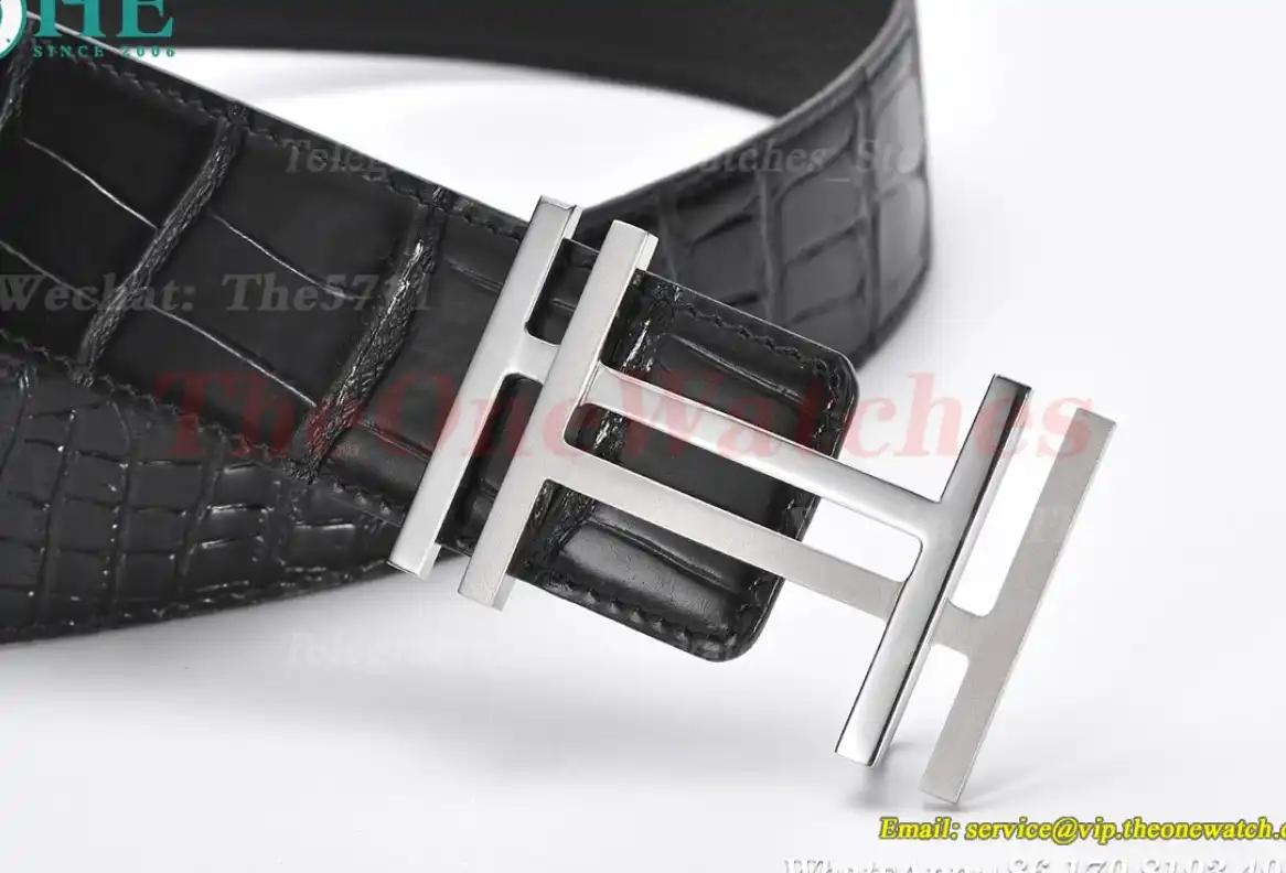 Silver Hermes SS Buckle on Black Black Leather Belt 3.8cm