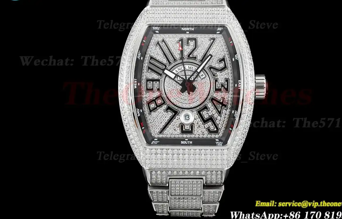 Vanguard Mens 44mm Full Diamond SS SS Black ABF A2824