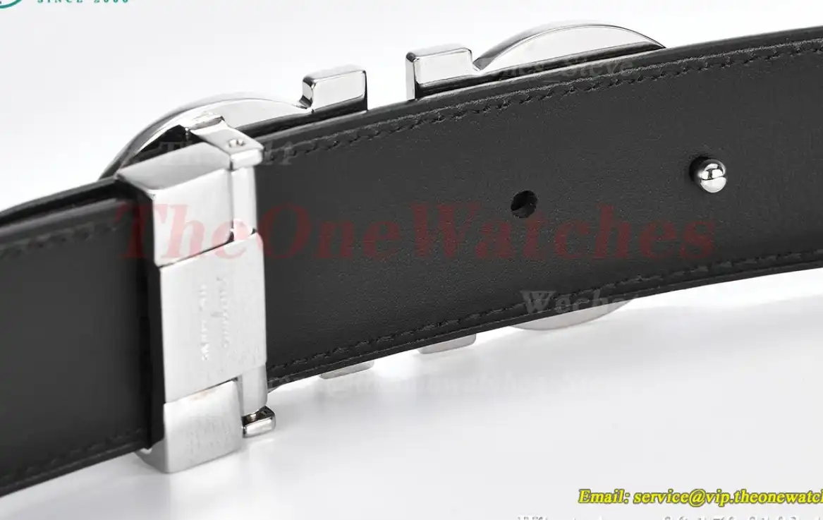 Silver Brass Buckle on Black Black Leather Belt 3.5cm