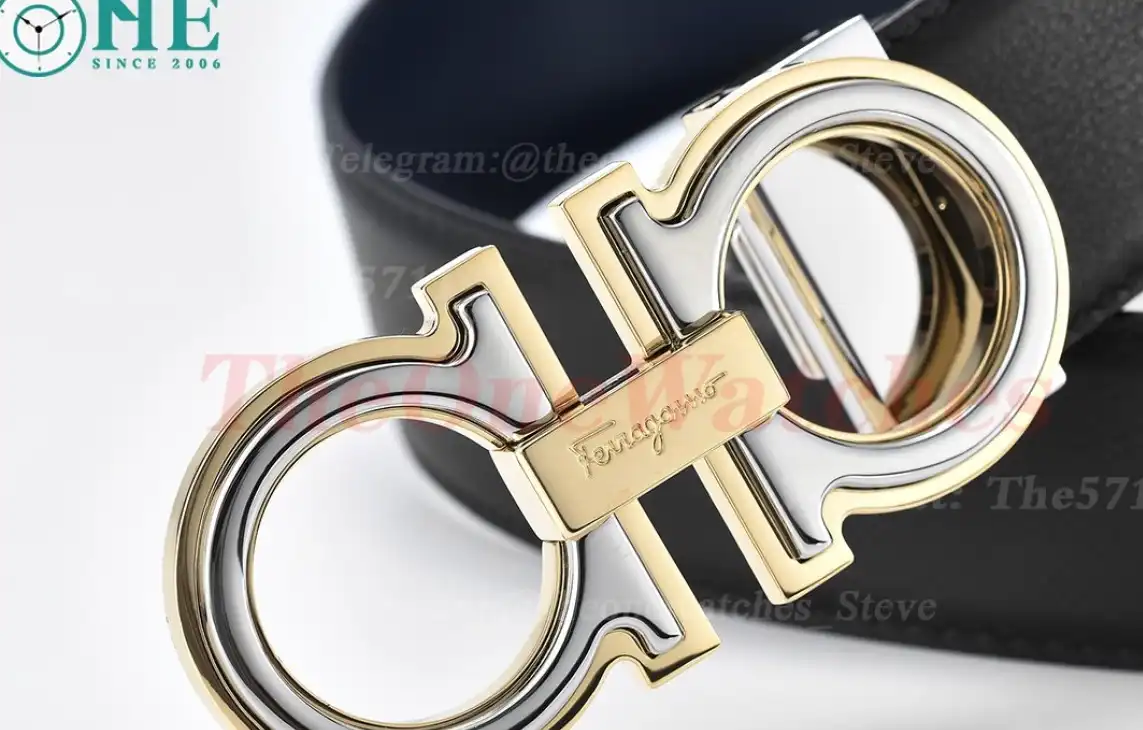 YG Brass Buckle on Black Blue Leather Belt 3.5cm