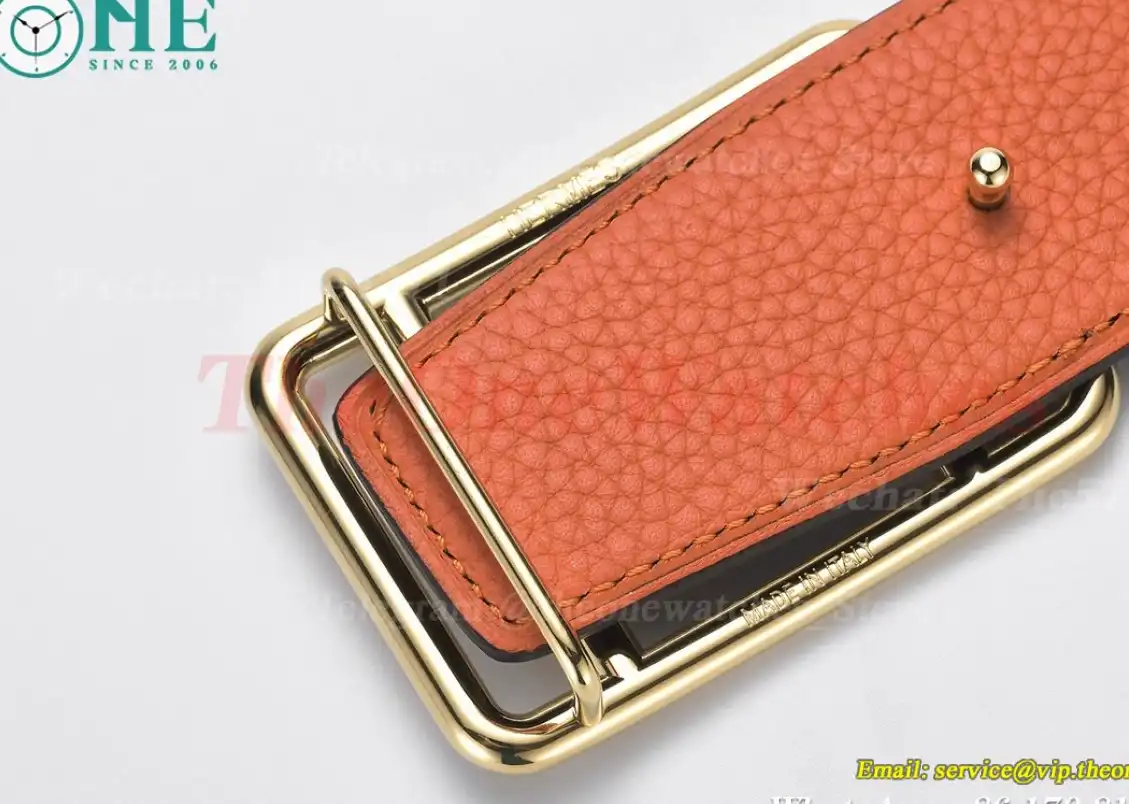 YG Hermes SS Buckle on Orange Black Leather Belt 3.8cm