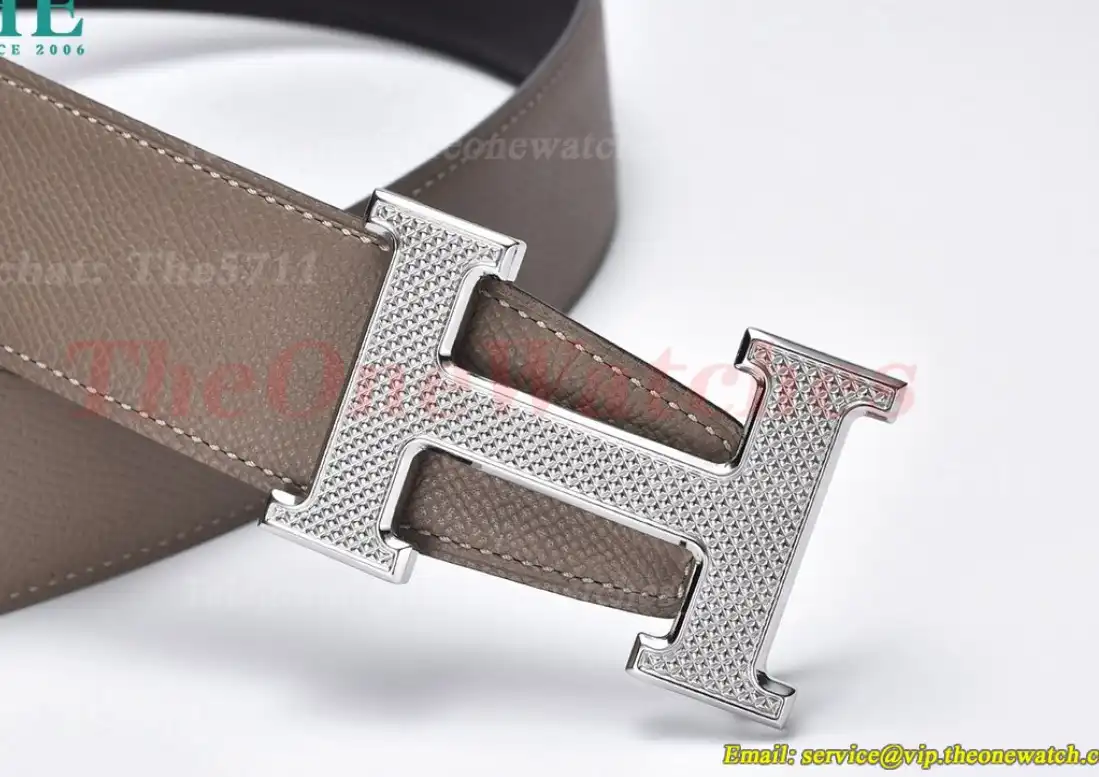 Silver Hermes SS Buckle on Apricot Black Leather Belt 3.8cm