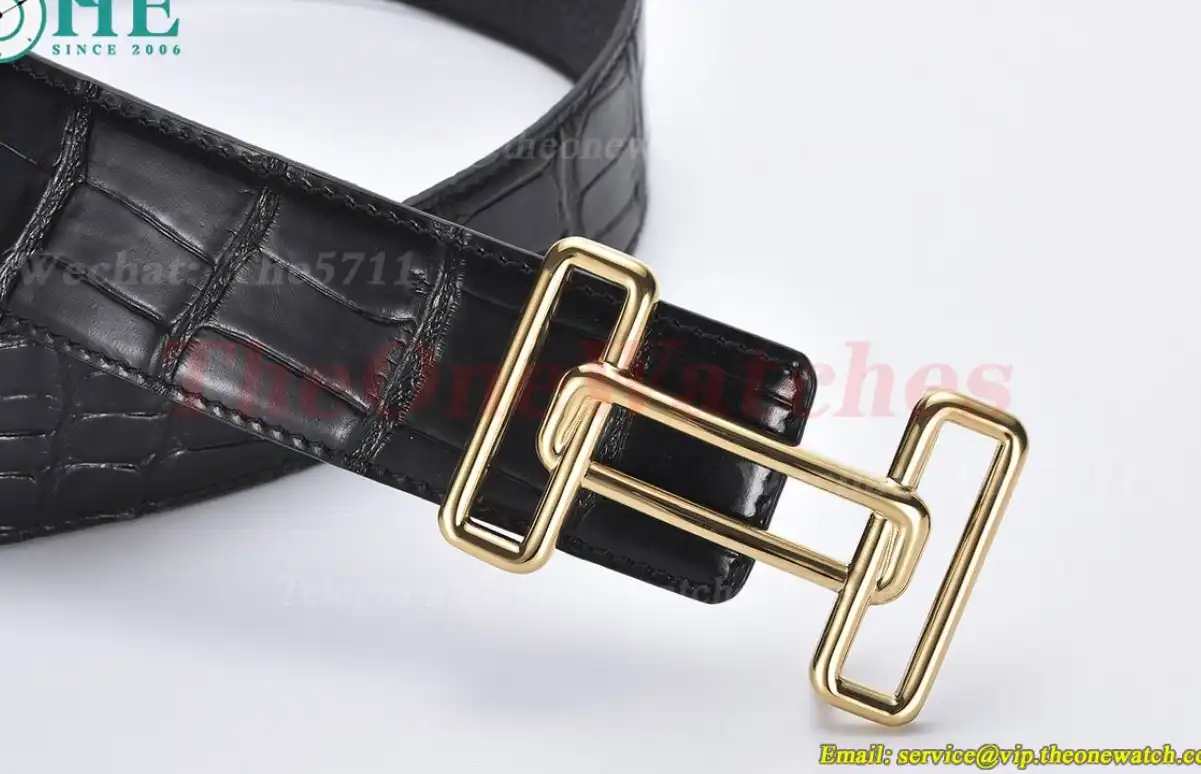 YG Hermes SS Buckle on Black Black Leather Belt 3.8cm