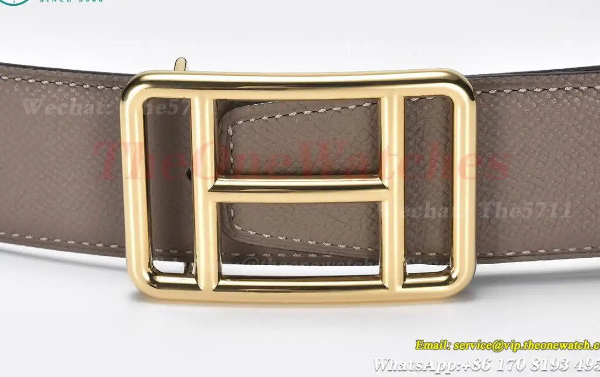 YG Hermes SS Buckle on Apricot Black Leather Belt 3.8cm